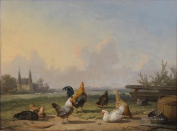Animal Painting - Cornelius van Leemputten Huhner vor einer weiten Landschaft